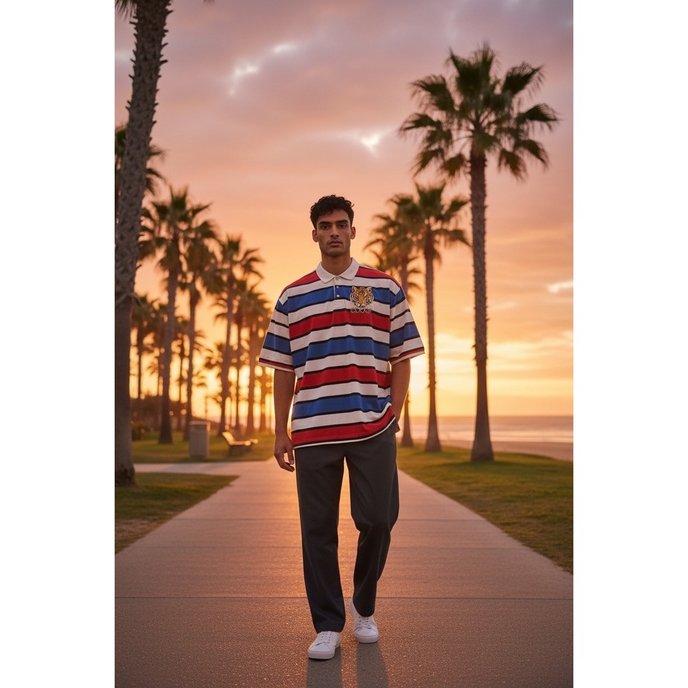 Coogi Mens XXXL Striped Polo Shirt Short Sleeve Embroidered Tiger Head Red Blue